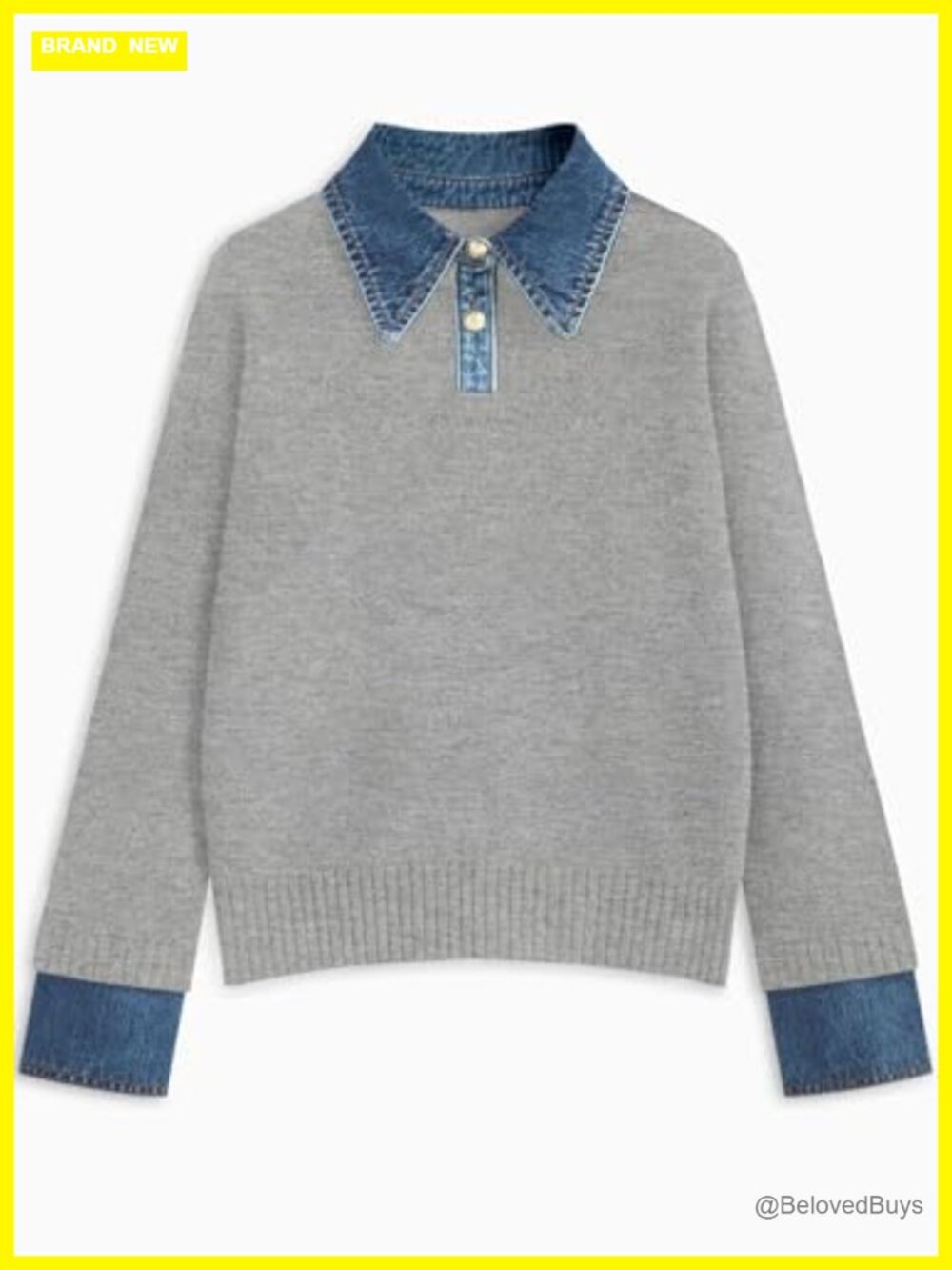Oversized Denim Polo Knit Collared Pullover Sweater Button Up Western Style